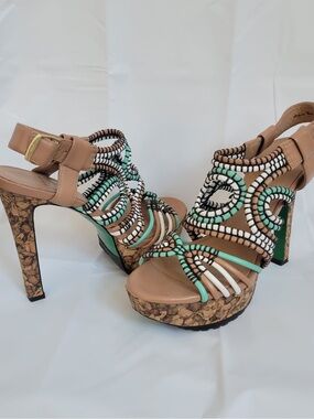 Woven Cork Platform Sandals in Tan, Mint & White